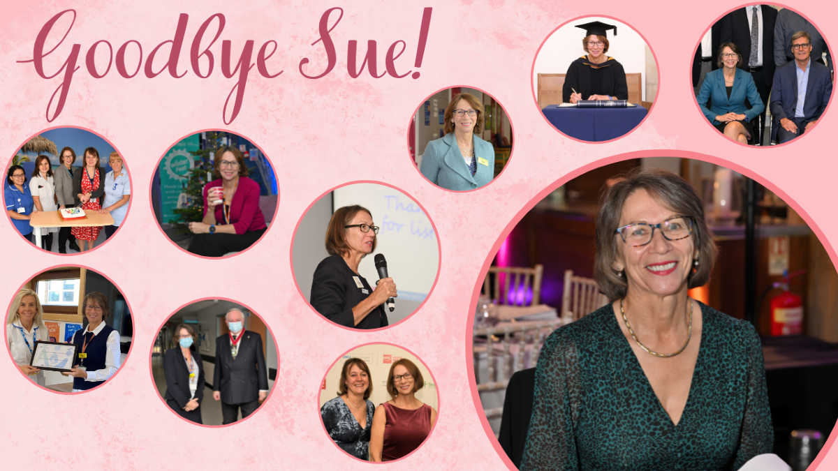 Photos of Sue Sjuve within a pink ground.
